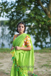 Pista Handloom Khadi Cotton Saree With Yellow Designer Print Blouse